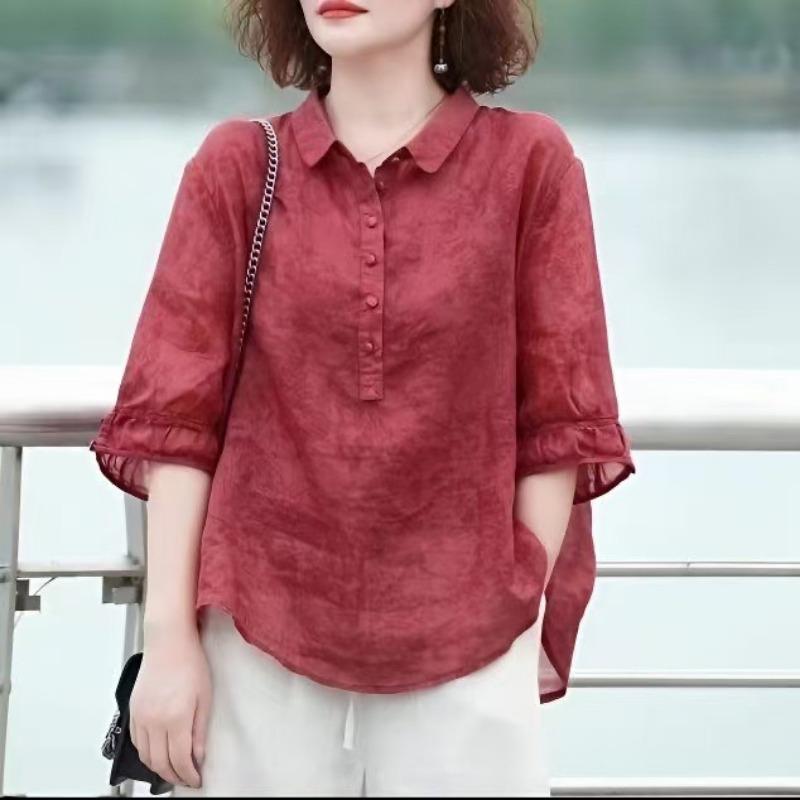 

women turn down collar linen blend shirt half button three quarter sleeve casual blouse XL помаранчевий