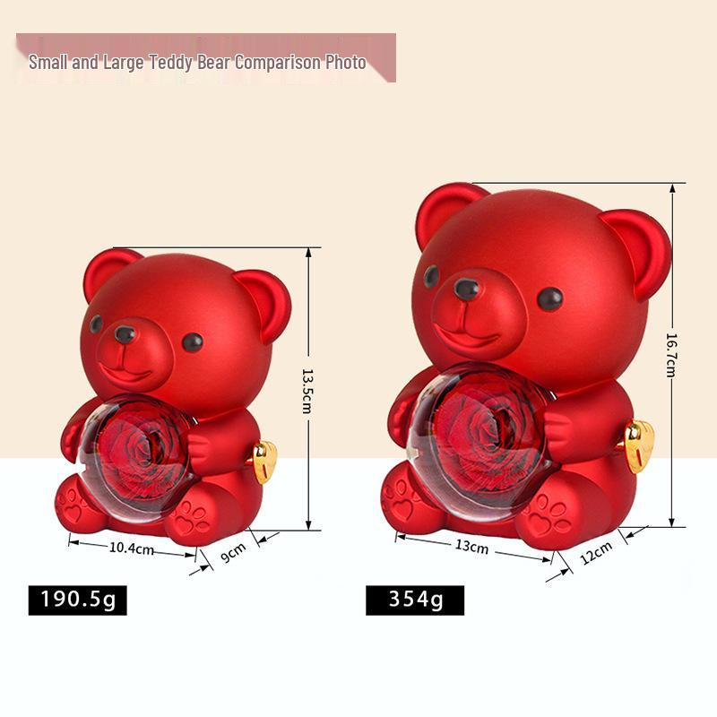 Rotating Acrylic Jewelry Box with Teddy Bear & Eternal Rose for Valentine's Day