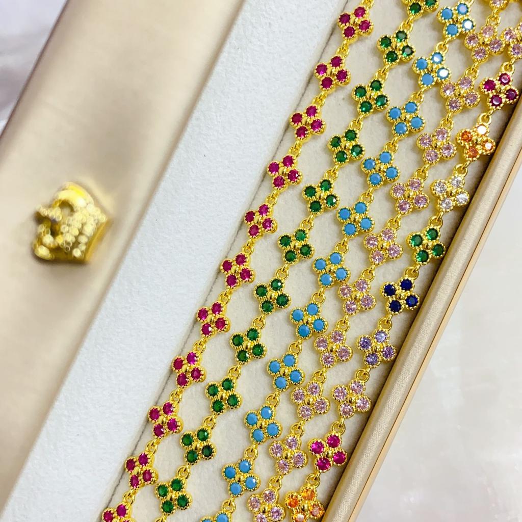 Hot Sale Flower Jewelry Light Luxury Colorful ZIRCON Gold Plated Four-leaf Clover Tennis Bracelet Women