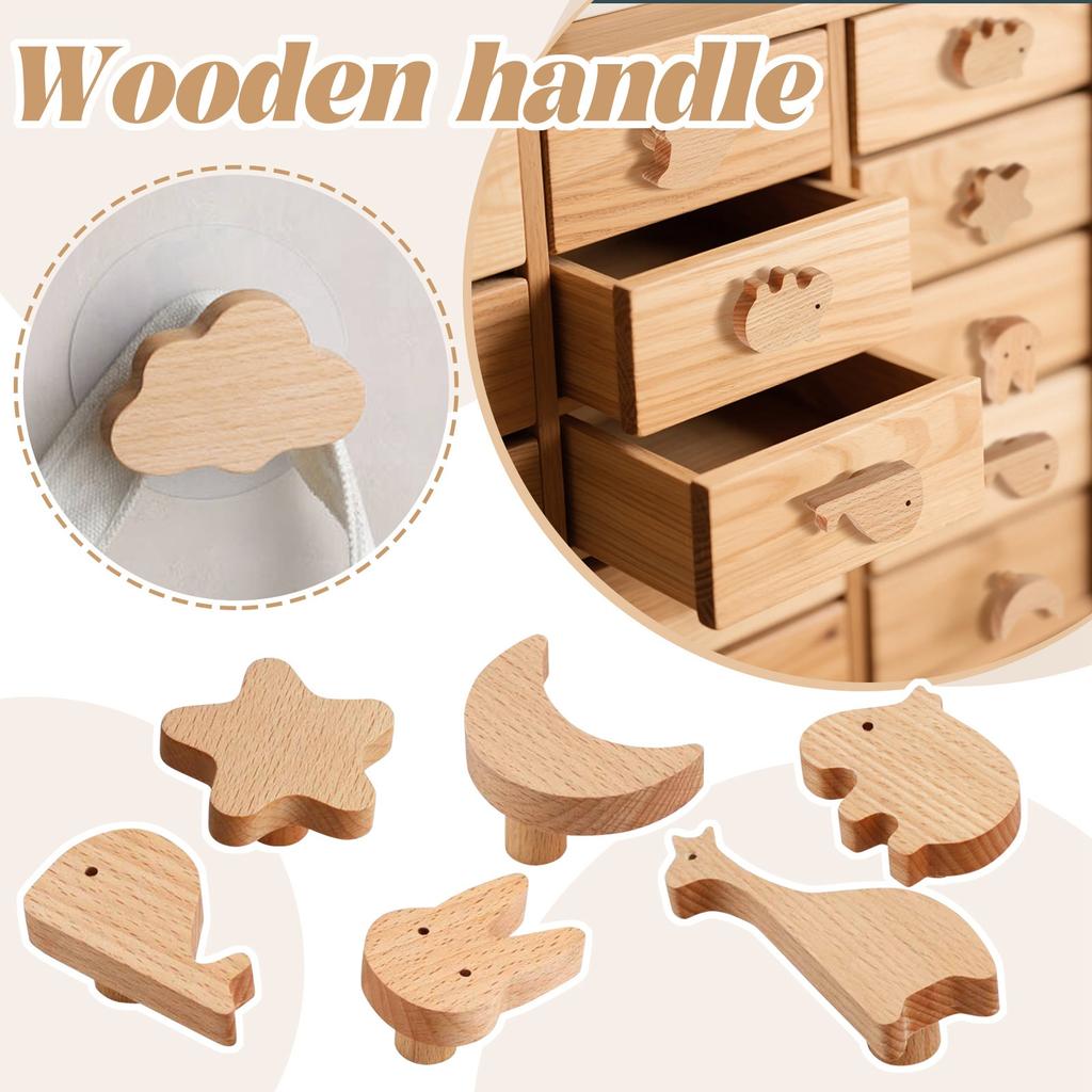 Punch-free Sticky Wooden Handle Children's Room Cartoon Cabinet Door Cabinet Drawer Single Hole Solid Wood Handle.