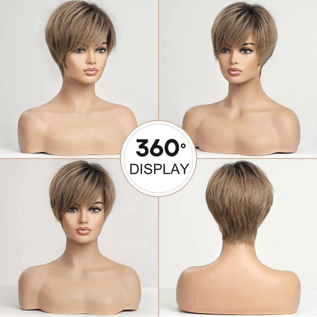 Haircube perucas dianteiras do laço ombre marrom remy cabelo humano cinza marrom pixie corte de cabelo com bang curto peruca reta para as mulheres bob peruca humana