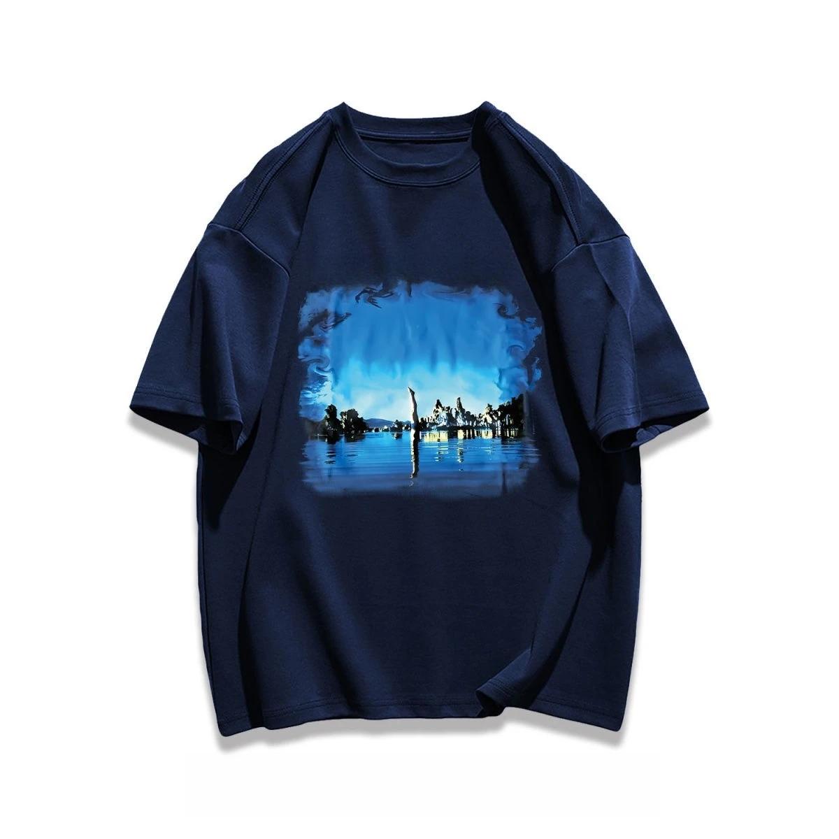 

2025 Heavy Pure Cotton American Casual Landscape Printing T-shirt Couple Versatile Loose Trendy Brand Autumn and Winter T-shirt 4XL