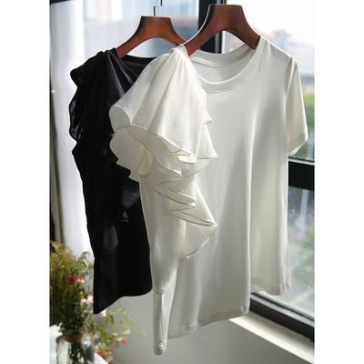 Unregelmäßige Rüschenkante Süßes Top Temperament Nischendesign T-Shirt Damen Sommer Einfacher Rundhals