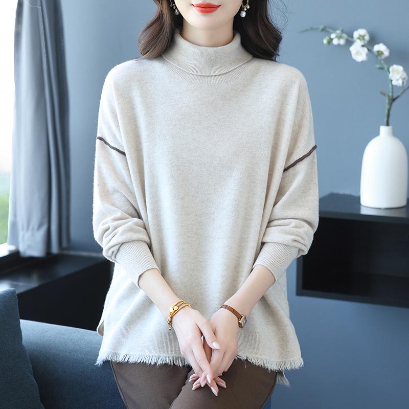 Women's Mid-Length High Neck Wool Sweater with Tassel - Loose Fit, Autumn/Winter Fashion.