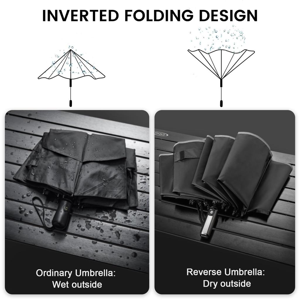 G4Free Windproof Inverted Umbrella with Reflective Large Compact Reverse Golf Umbrella for Double Canopy Travel Umbrella with Auto 62-inch Stripes,