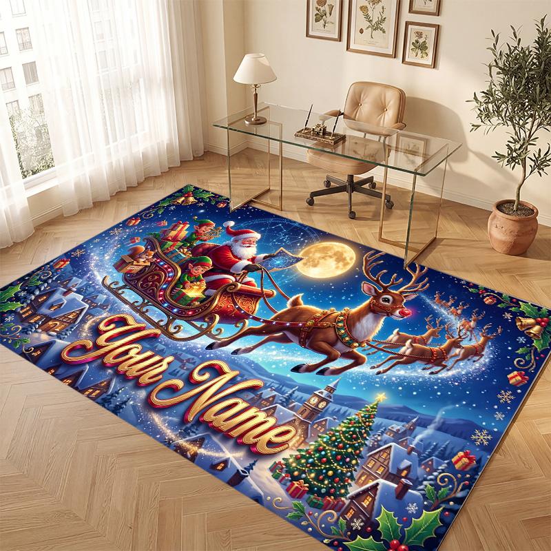 Christmas Theme Soft Crystal Velvet Rug Custom Name & Text Print Non Slip Floor Rug for Bedroom Living Room