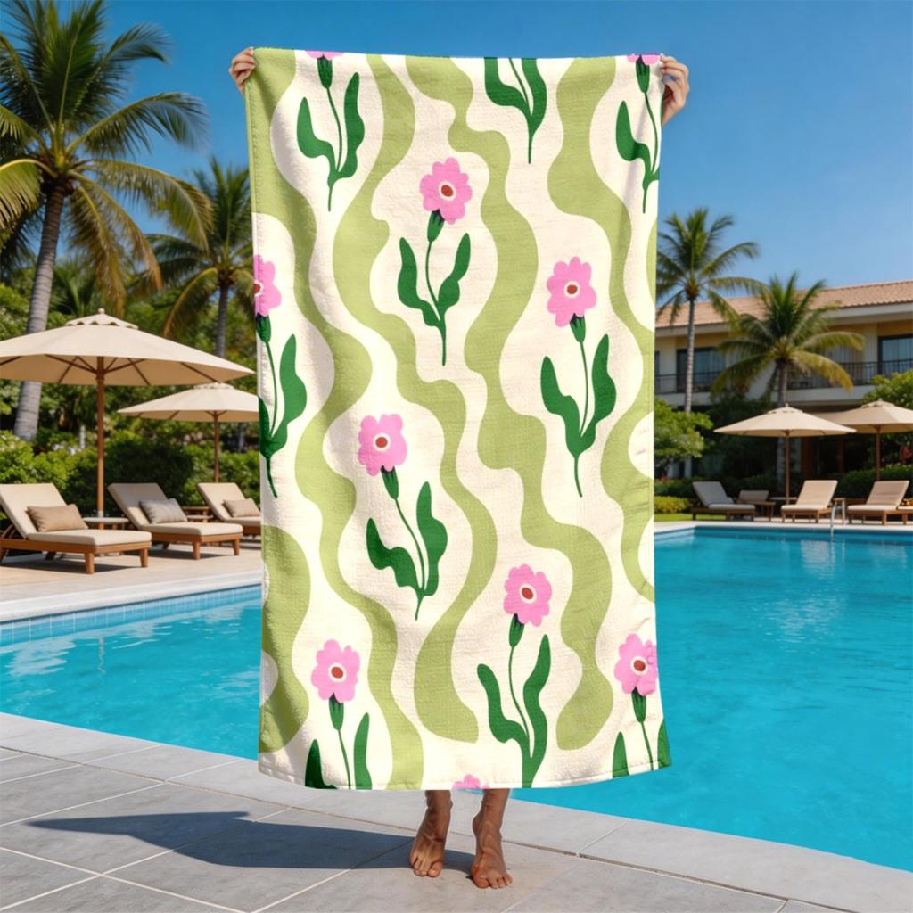 Pink flowered wave pattern stripes polyester microfiber beach towel is highly absorbent, suitable for swimming and beach outings