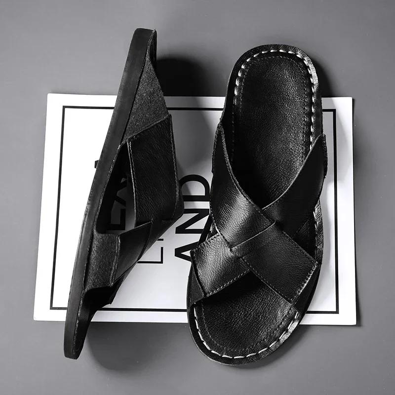 Fashion Men Flat Designer Soft Bottom Sandals Fashion Breathable Trendy All-match Lightweight Casual Leather Sandals Summer Walking Shoe