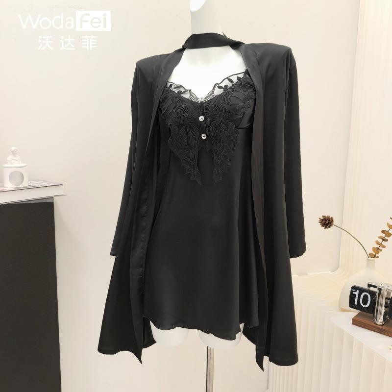 Sexy satin nightdress with chest pad women's spring and summer 1011 new ice silk thin suspender nightgown loungewear set