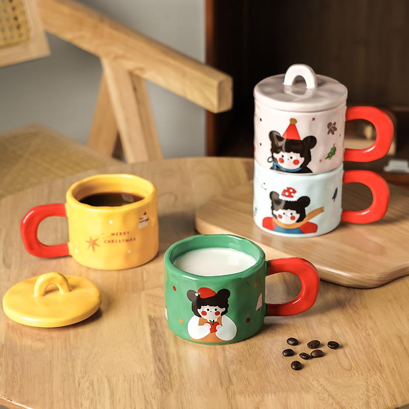 Retro Girl Mug with Lid Girl High Looking Ceramic Cup Creative Water Cup Office Coffee Breakfast Cup