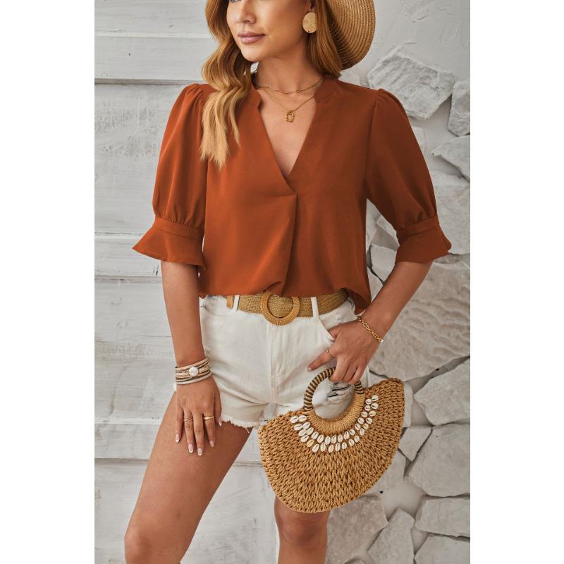 Sommer Damen T-Shirt Einfarbig V-Ausschnitt Halbarm Bequem Atmungsaktiv Lässiges Oberteil