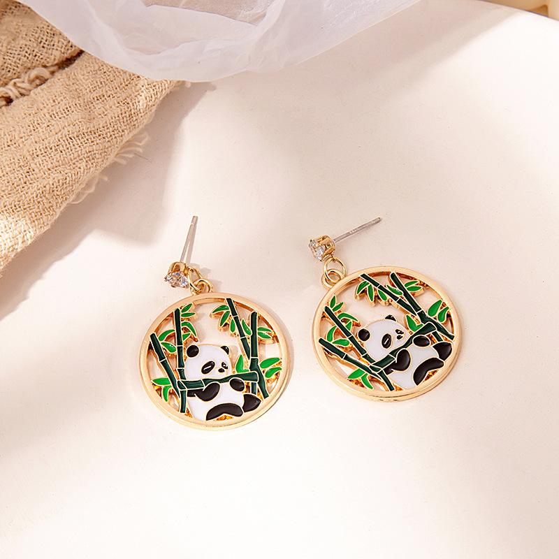 Long Tassel Oriental Idyllic Exquisite And Cute Cartoon Panda Bamboo Diamond Earrings Girl Stud Earrings