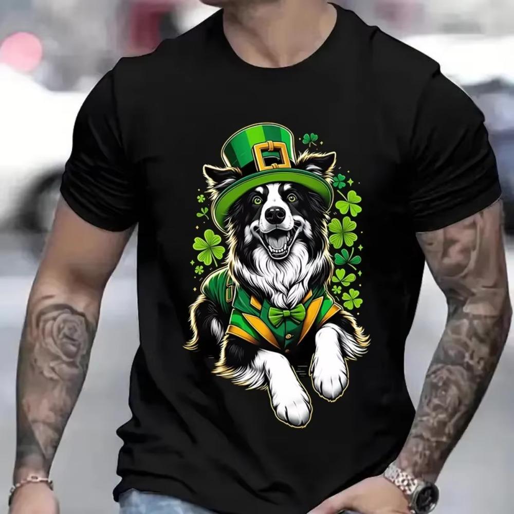 T-shirt for Men Border Collie Dog Family St Patrick's Day Irish Leprechaun Clover Summer Tshirts Short Sleeve Men's Tee Tops Y2k