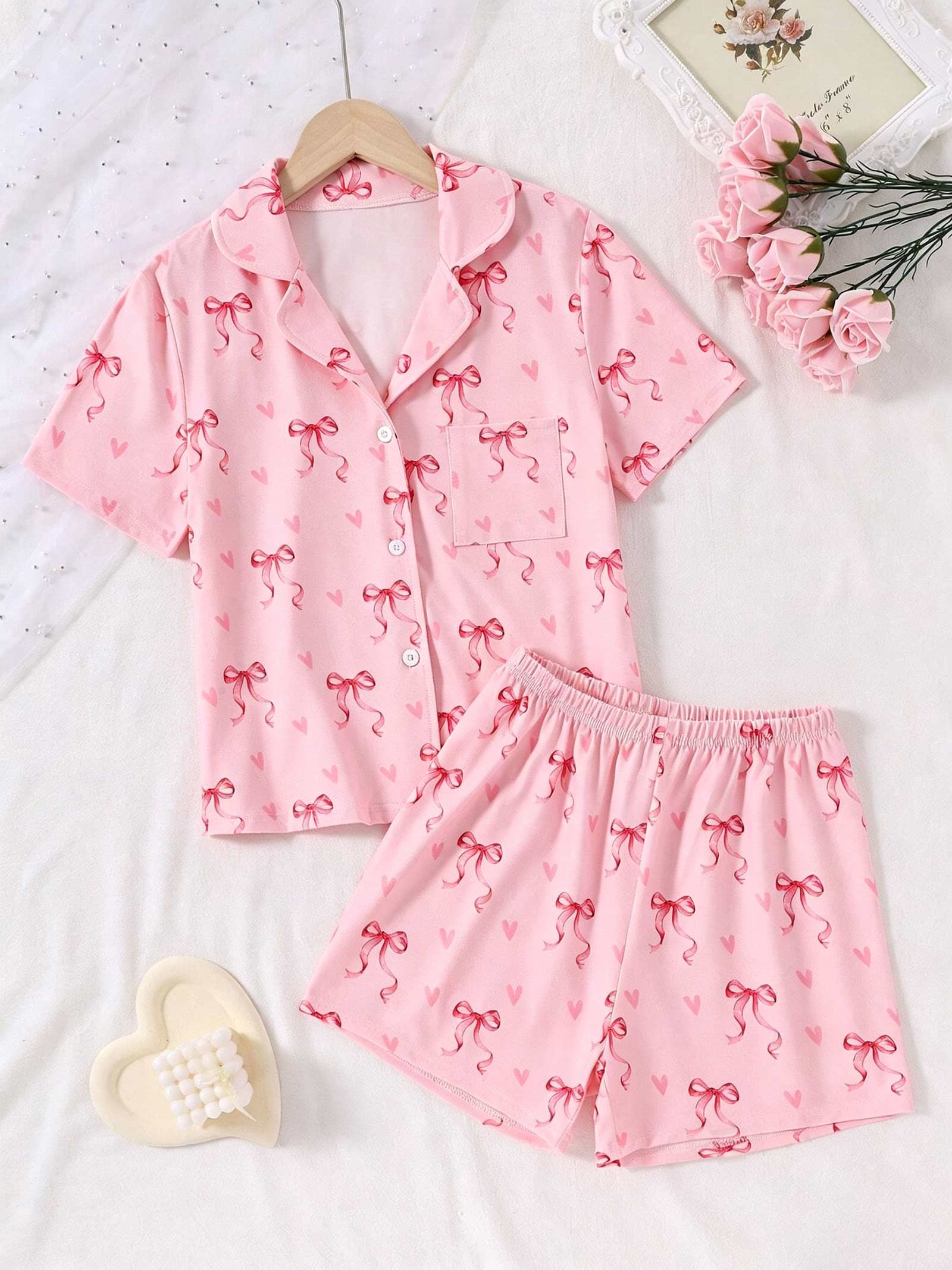 Mädchen Kurzarm-Schlafanzug-Set Rosa Schleife Herz-Print Revers-Knopfleisten-Oberteil & Elastische Shorts Süße Weiche Loungewear Nachtwäsche für Kinder 8-12 Jahre 9Y rosa