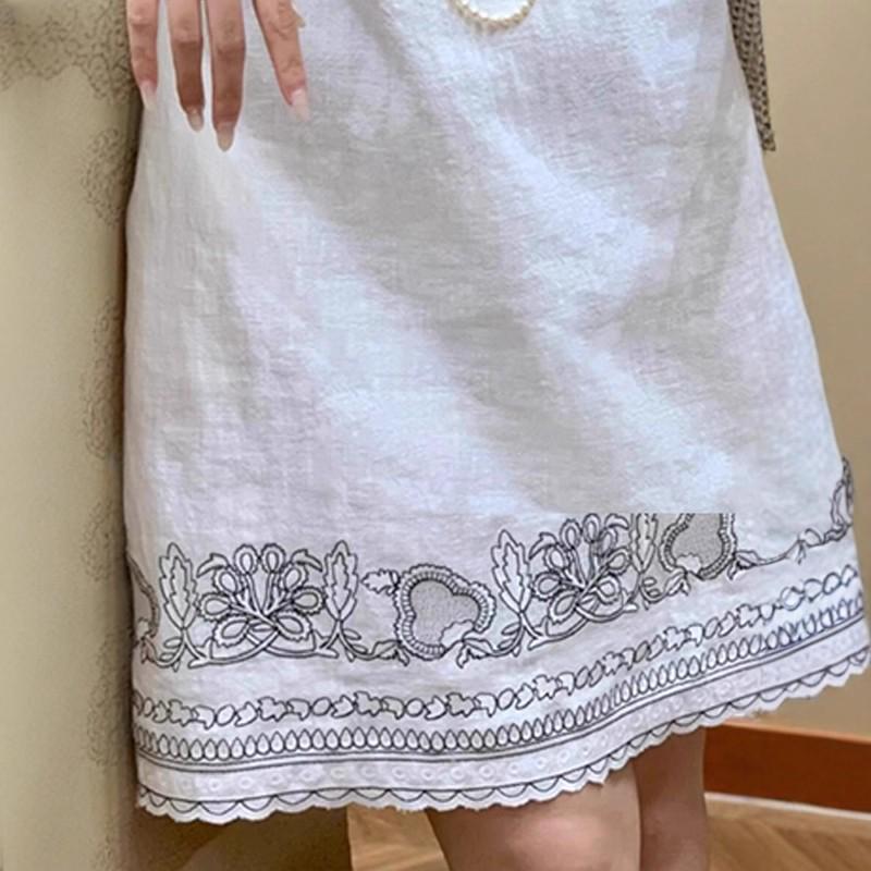 3816 Women's Summer Sleeveless Dress - Elegant White Cotton Linen with Unique Heavy Embroidery