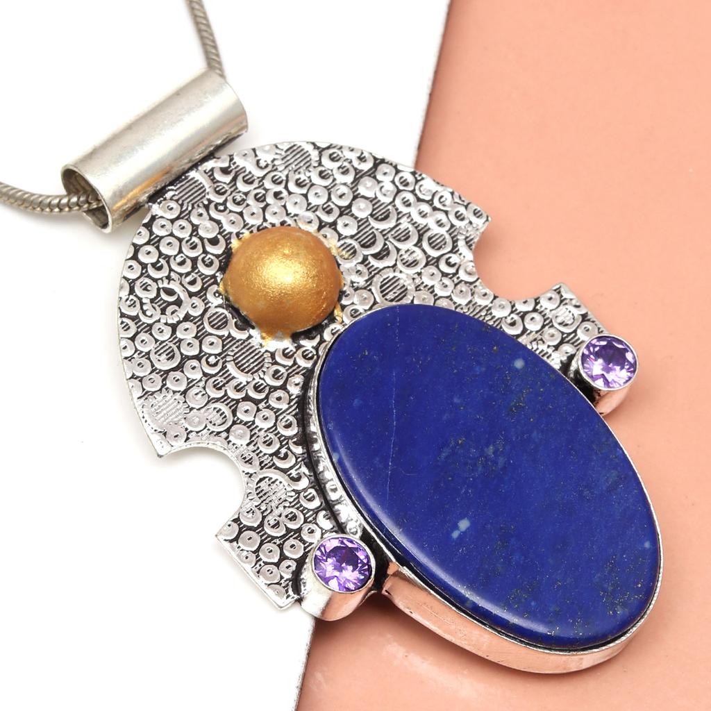 Pendant Lapis Lazuli Silver Jewelry 2.5" Gemstone  Handmade Sterling Silver