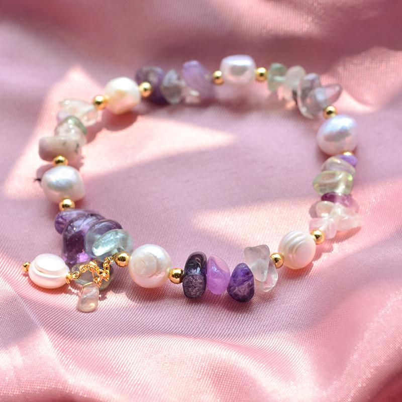 100% Natural Freshwater Pearl & Purple Crystal 14K Gold Filled Female Charm Bracelet  For Women Christmas Gifts No Fade