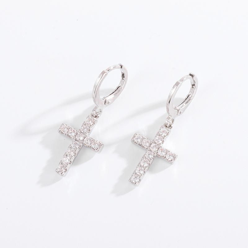 Hip Hop Iced Out Cross Dangle Earrings for Men Women Bling Silver Color Cubic Zircon Earrings Anti Allergy
