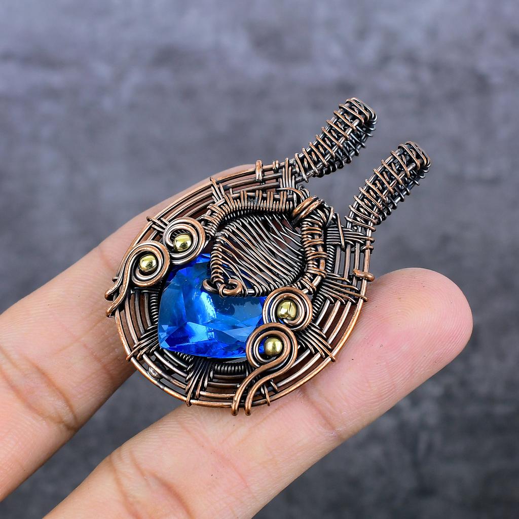 Natürlicher Blautopas Edelstein Handgefertigter Kupferdraht Wickel Schmuck Anhänger 2,25" P1T85