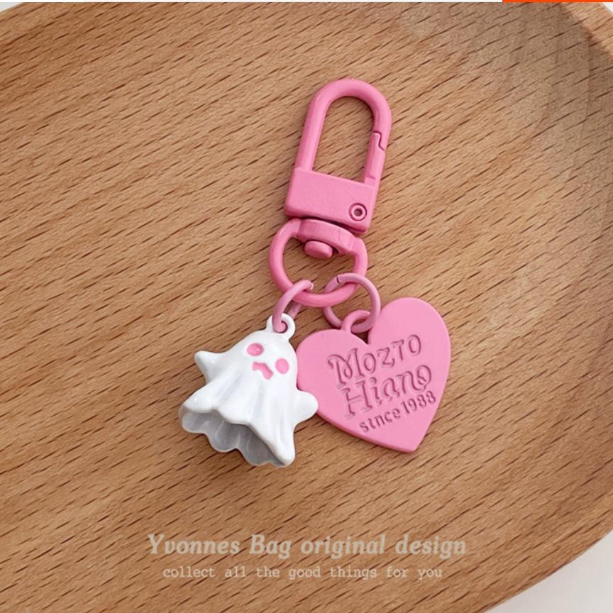 Sweet Little Ghost Heart Pendant Keychain - Pink & Black Round Buckle