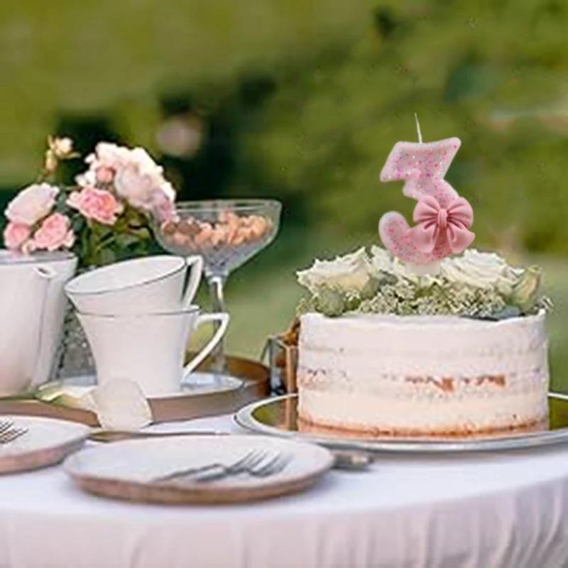 Cute Pink Bow Cake Number Candles Glitter 0-9 Digital Cake Toppers Kids Girls Birthday Party Cupcake Dessert Decoration Favors