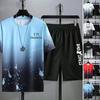 2Pcs/Set O-Neck Short Sleeve Elastic Waistband Casual Outfit Pockets Ice Silk Men Gradient Color Letter Print T-shirt Wide Leg Shorts Set Streetwear