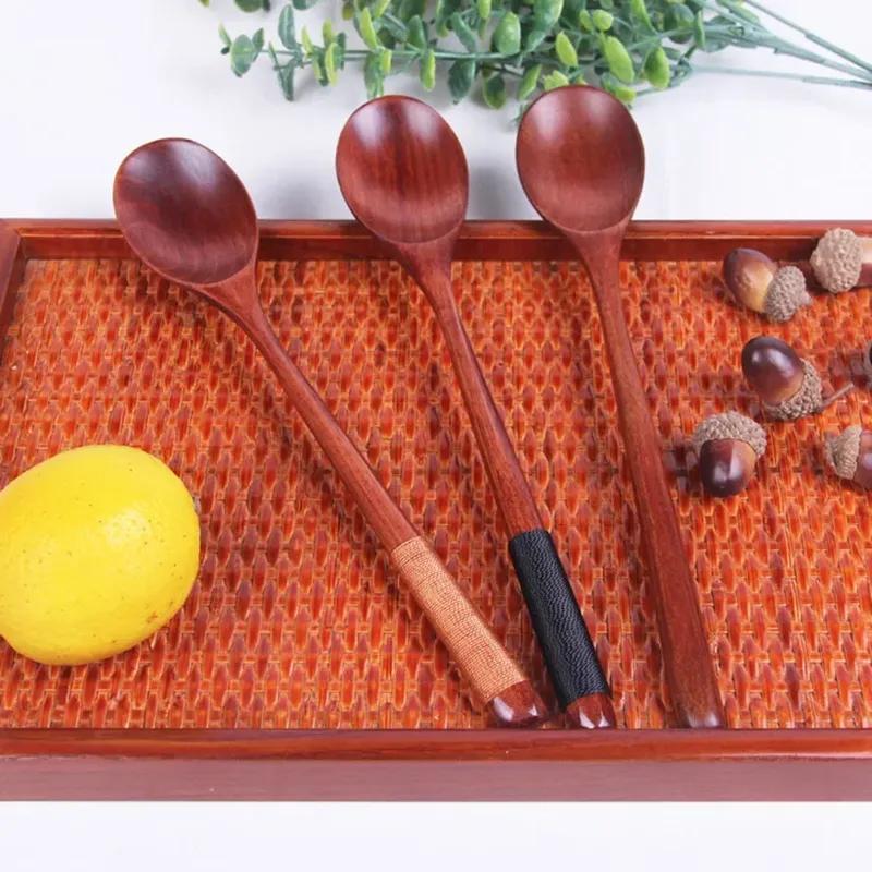 3Pcs Handmade Wooden Spoon Wrapped Wire Large Dessert Rice Soup Spoon Long Handled Kids Spoon Wood Kitchen Tool