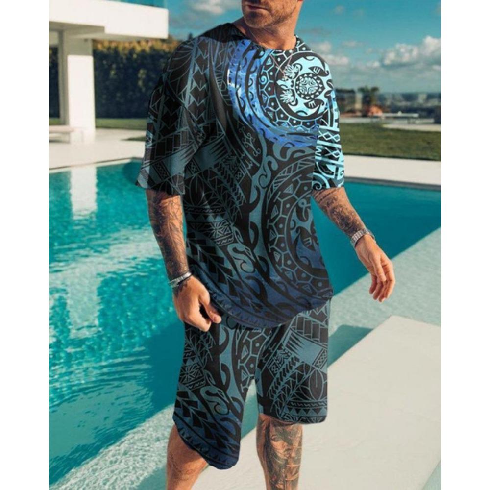 Summer Men's O-Neck Short Suit Sleeve coatGeometric Pattern Print 3D Sportswear Casual Oversized Top Shorts Breathable Sportswea