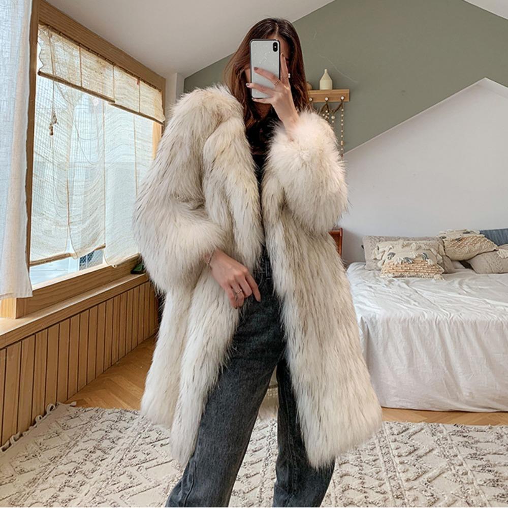 Women's New Raccoon Fur Jacket Women's Long Fox Hair Suit Collar Fur Coat Loose Casual Trench Coat