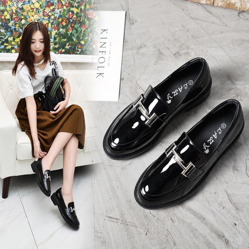 Small Leather Woman Shiny Oxfords Round Toe Low Square Heels Loafers Femme Creepers Ladies Comfy Sneakers Dress Flats