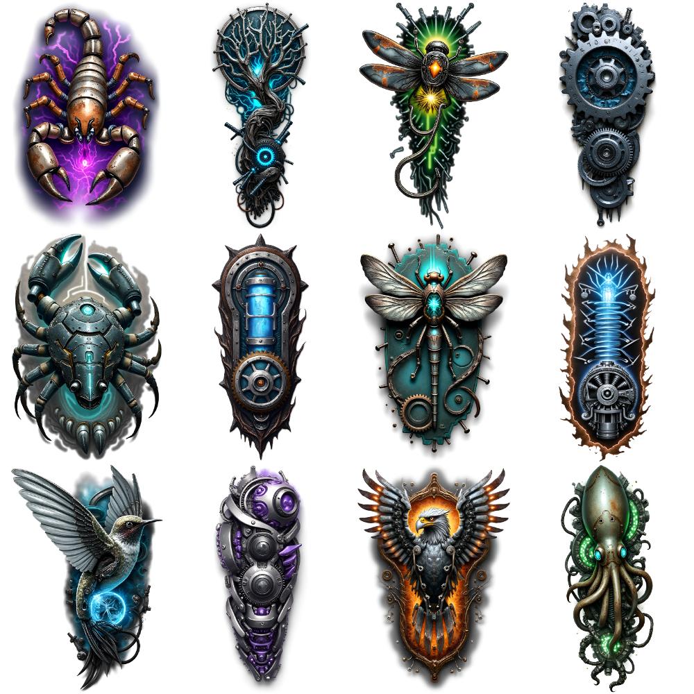 12pcs Temporary Tattoo Insect Designs Colorful Realism Mechanical Creatures Waterproof Long-lasting Body Stickers For Back