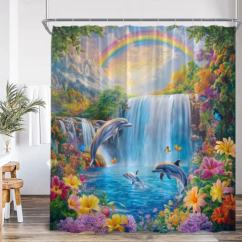 Ocean Dolphin Sea Turtle Shower Curtains Rainbow Waterfall Flowers Octopus Tropical Fish Seabed Scenery Bathroom Curtain Decor
