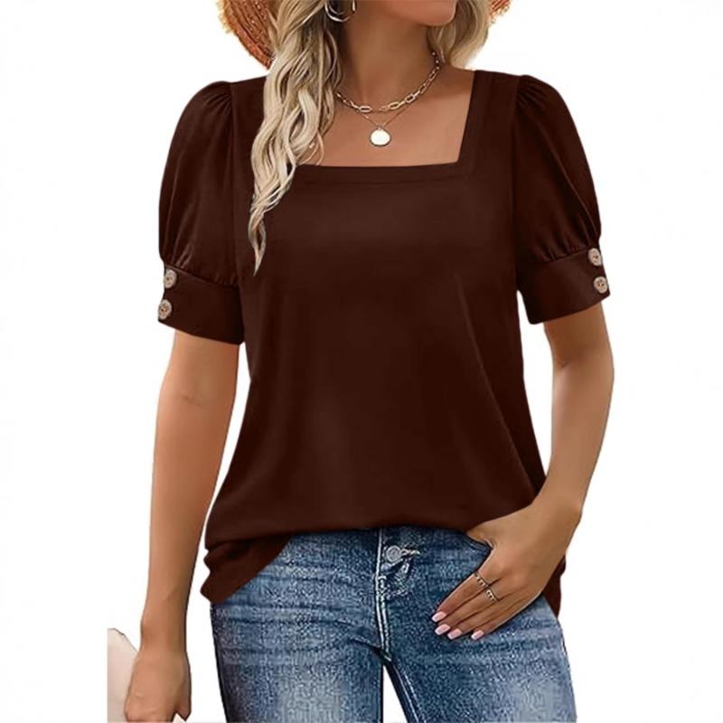 Womens Square Neck Puff Short Sleeve Blouse