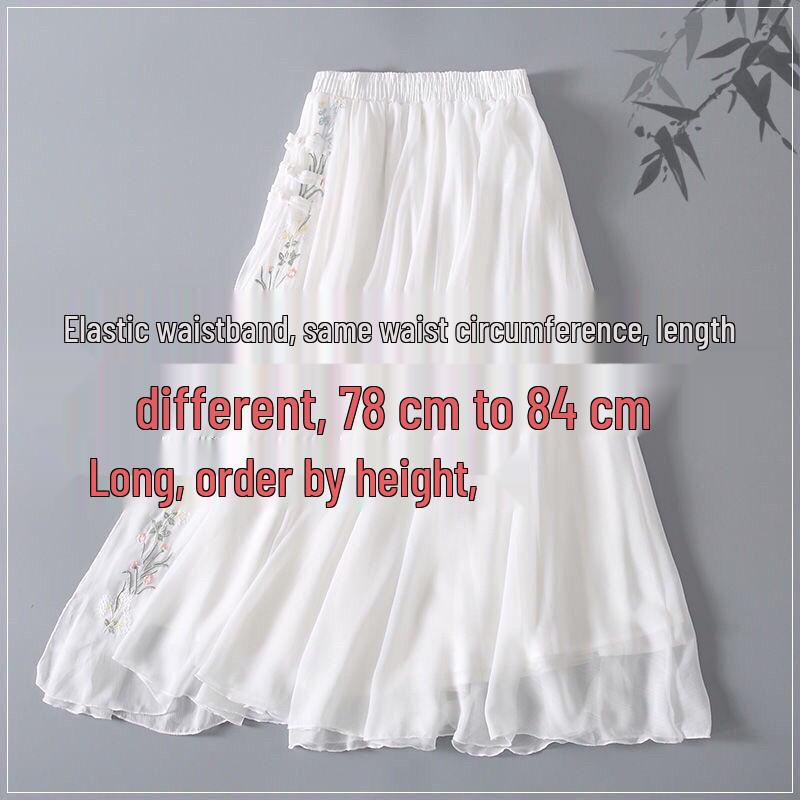 2024 Summer Women's Fairy Hanfu Dress with Embroidery and Frog Buttons - Retro Chiffon Midi Skirt.