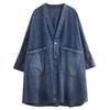 Women's Fall and Winter Plus Size Loose Denim Jacket Medium-length V-neck Office Denim Jacket