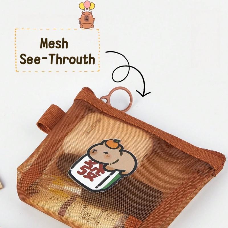 Mini Capybara Mesh Pencil Storage Bag Portable Transparent Pouch for Pens Erasers Cartoon Design Simple Pocket Organizer