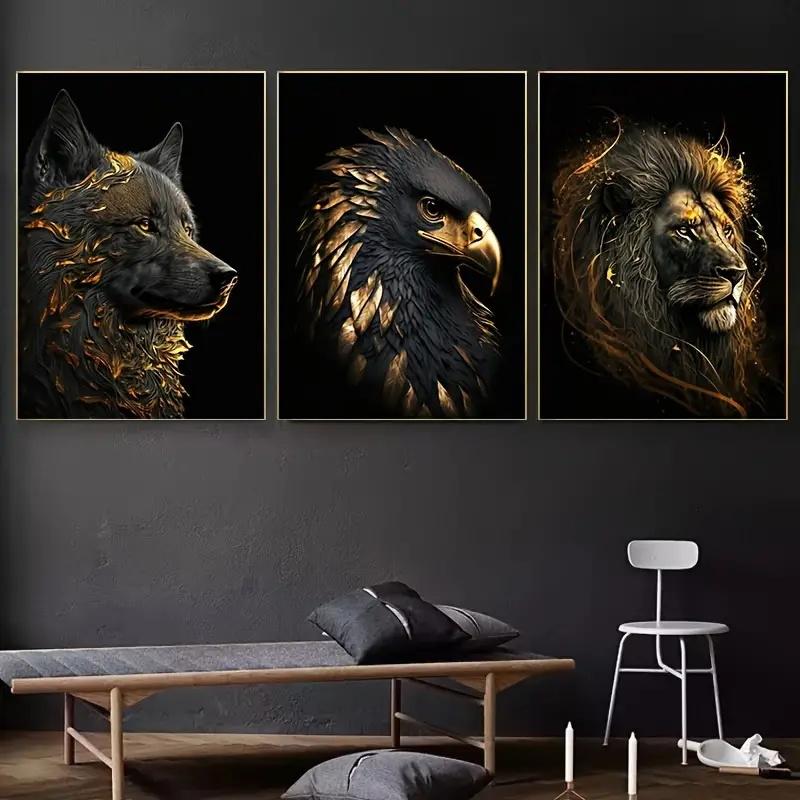 3 pezzi/set Poster Moderno Lupo Dorato Aquila d'Oro Leone Arte da Parete Pittura su Tela Arte per Soggiorno Camera da Letto Decorazione Regalo per Inaugurazione Casa