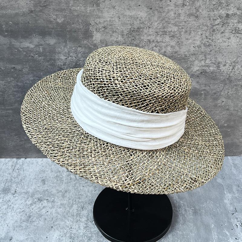 French Retro Salted Seaweed Hollow Woven Large Brim Flat Top Top Hat Men'S And Women'S Summer Outing Shading Straw Hat