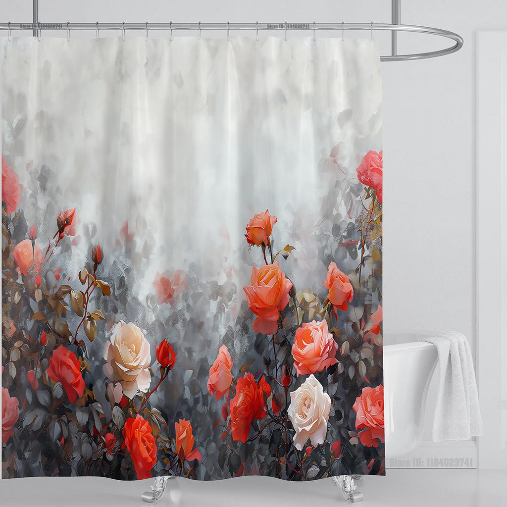 Rose Flower Shower Curtain Waterproof Shower Curtain Polyester Fabric 3D Printed Curtain Bathroom Decoration With Hook