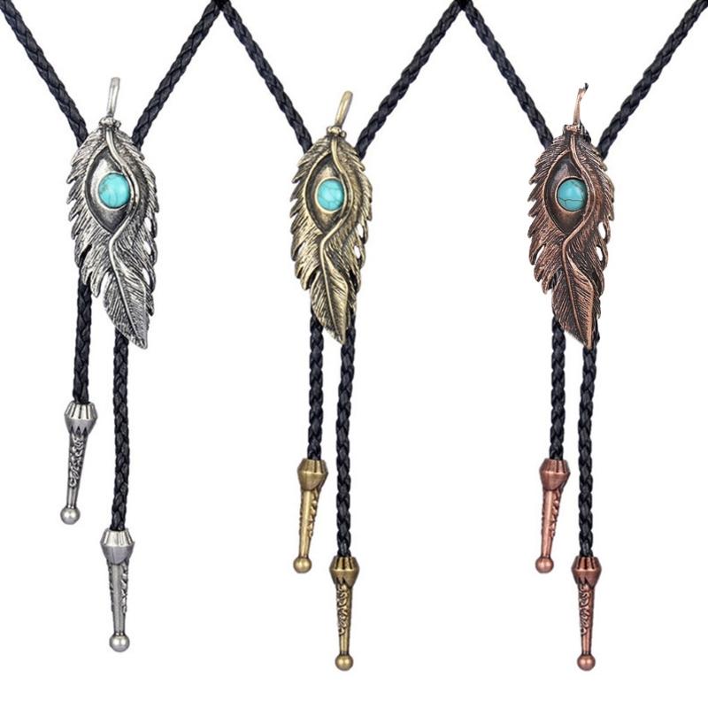 Metal Turquoise Bolo Tie Wing Pattern Feather Necktie for Shirt Jeans Western Necklace Braided Shoestring Necktie Bola-T