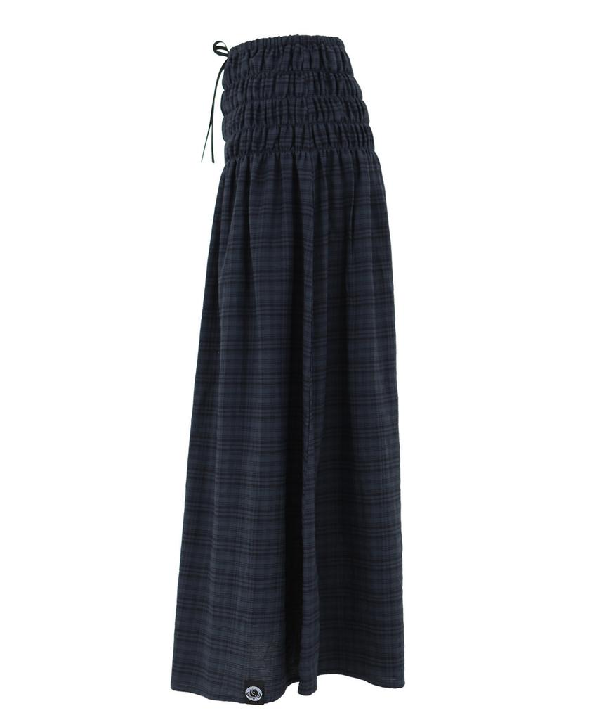 Plasma Sphere Smoke Shirred Check Ribbon Low-Rise Maxi Skirt_Navy