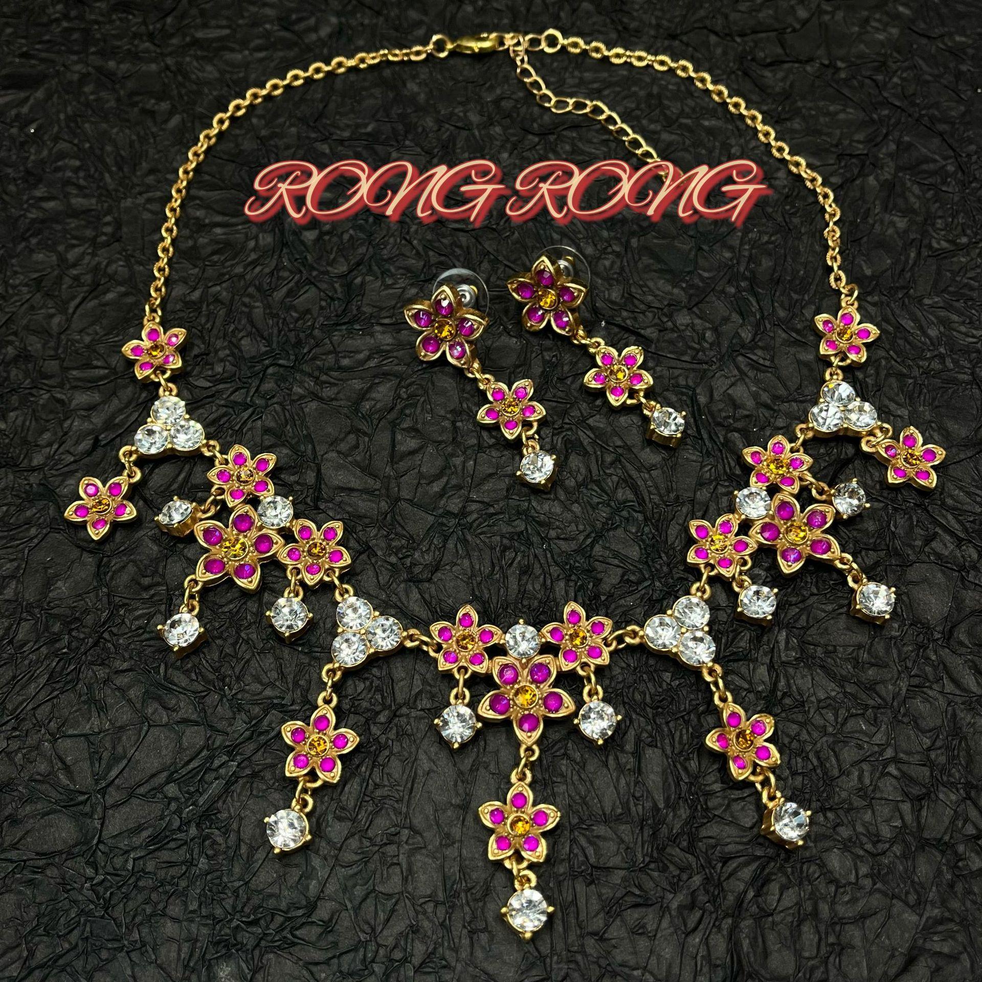 Medieval vintage colored diamond flower long earrings, European and American retro trend flower fringed necklace jewelry set