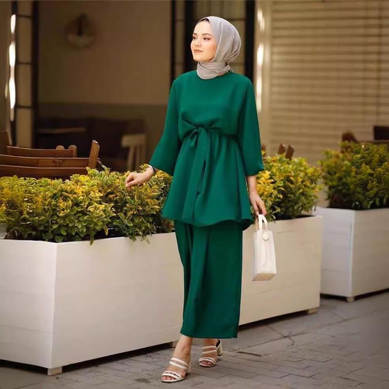 Women's Puff Sleeve Belted Blouse Wide Leg Pants Set Solid Color Casual Two Piece Outfit Islamic Modest Suit