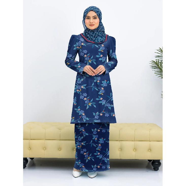 Traditional ink painting floral full body print pattern Pahang stand ladies Muslim suit comfortable breathable elegant Islam ladies dress