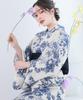 Yukata Unique Natural Set AB Flower Free [KYOETSU] Set, Weave, White, Two-Piece 3-Piece (Yukata, Obi, Geta), Women's (Ultramarine Garden, Size)