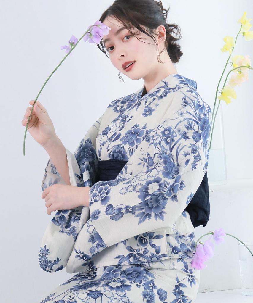 Yukata Unique Natural Set AB Flower Free [KYOETSU] Set, Weave, White, Two-Piece 3-Piece (Yukata, Obi, Geta), Women's (Ultramarine Garden, Size)