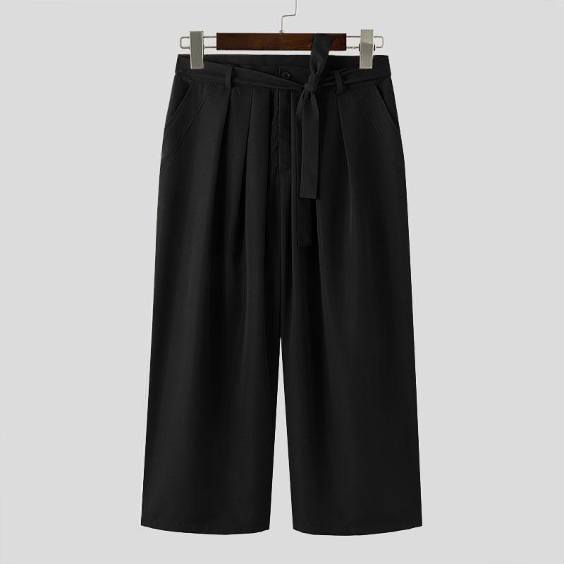 INCERUN Men Zipper Up Belted Wide Leg Trousers Casual Palazzo Pants