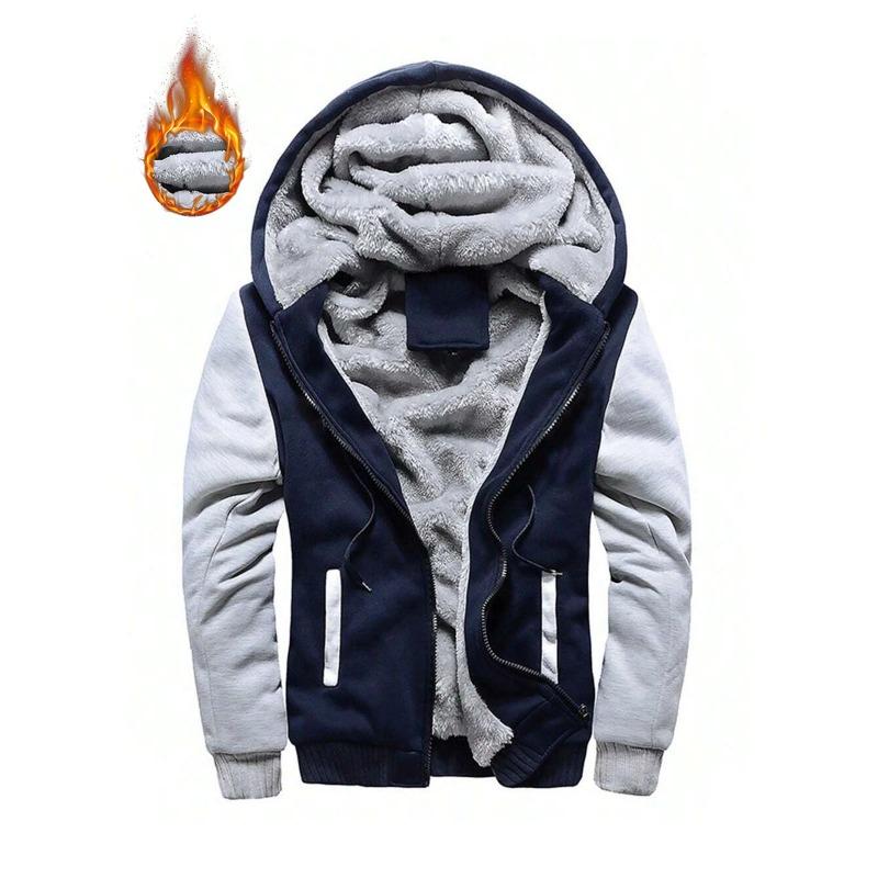 Men's fleece jacket; autumn and winter thickened warm color matching jacket; zipper hooded sweatshirt.