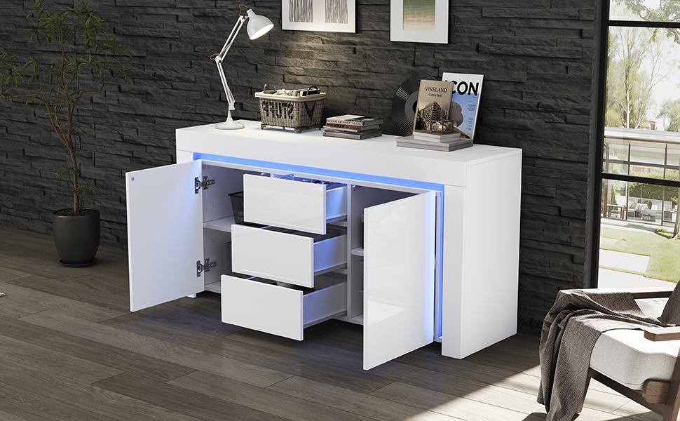 140*40*65cm Wohnzimmerschrank, Moderne Kommode mit 3 Schubladen, 2 Türen, Hochglanzschrank mit LED-Lichtleiste, Sideboard, Weiß