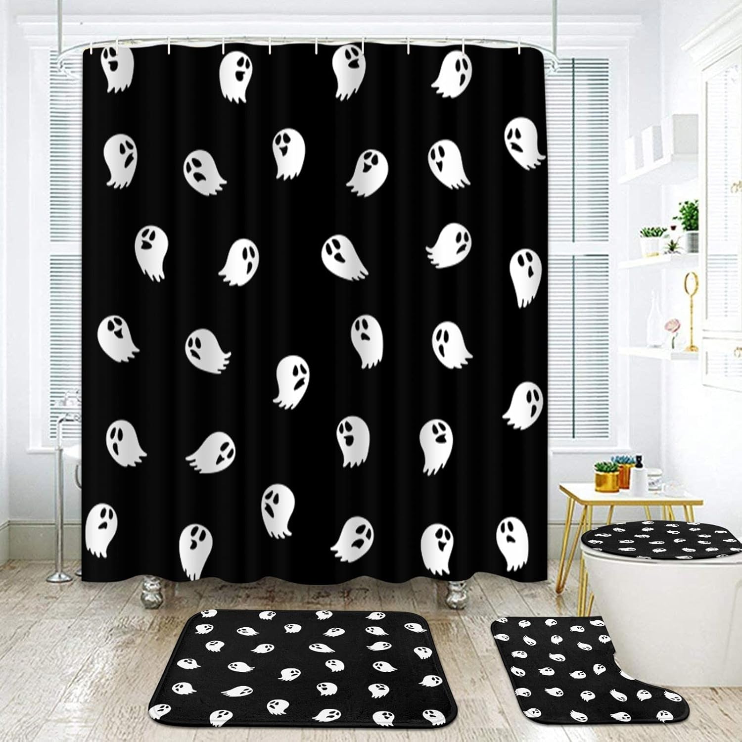 

Halloween Bat Cat Spider Bathroom Set With Shower Curtain And Rugs Accessories, Ghost Halloween Pumpkins Spooky Spooky Shower W60H190(CM)-1 Pcs